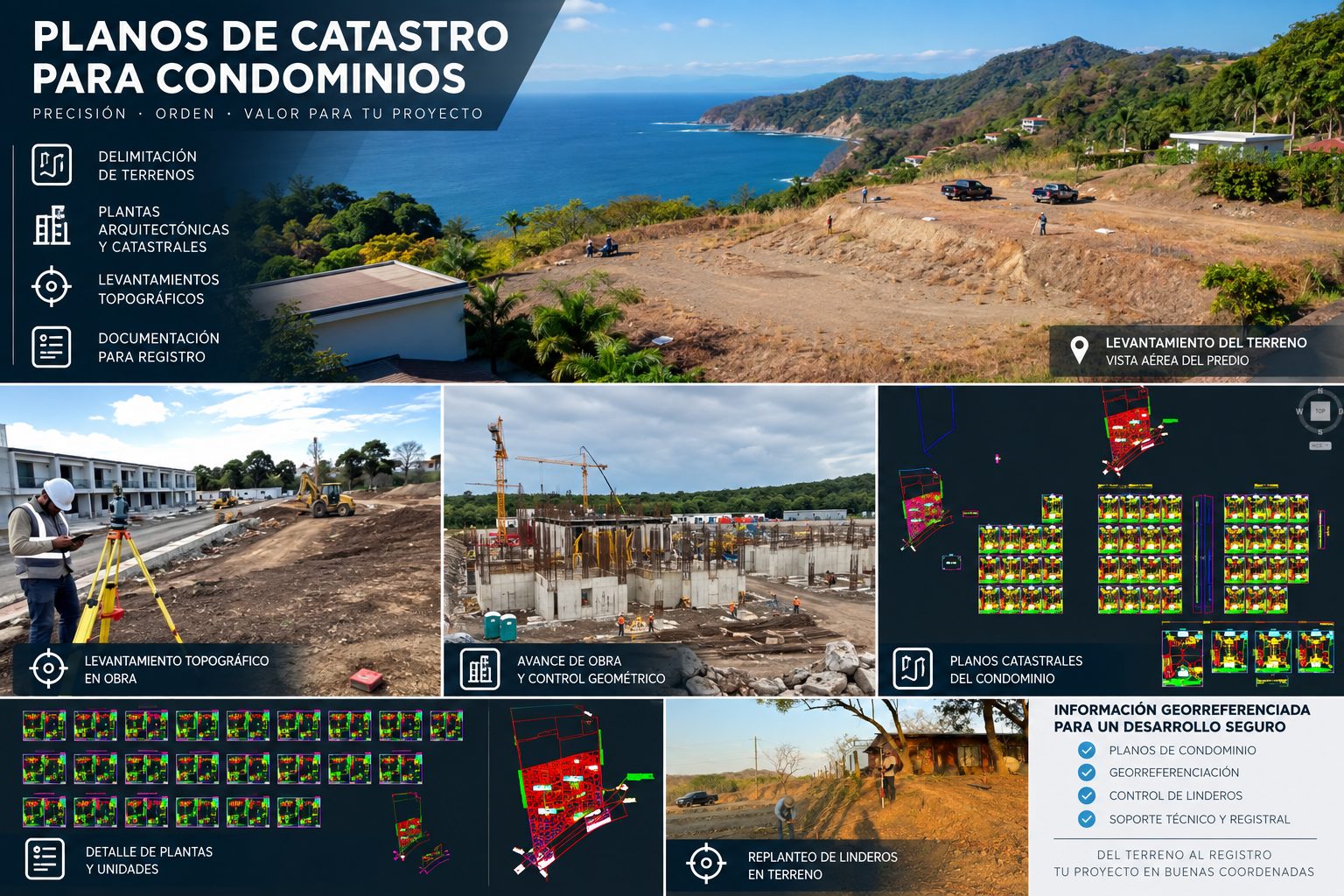 Lámina de planos de catastro para condominios: vista aérea del predio, levantamiento en obra, replanteo de linderos y planos catastrales