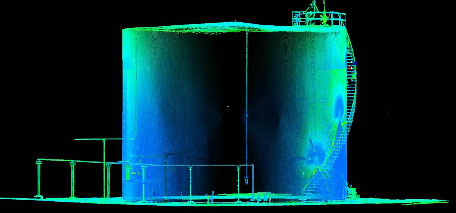 Nube de puntos LiDAR de dos tanques industriales coloreada por elevación