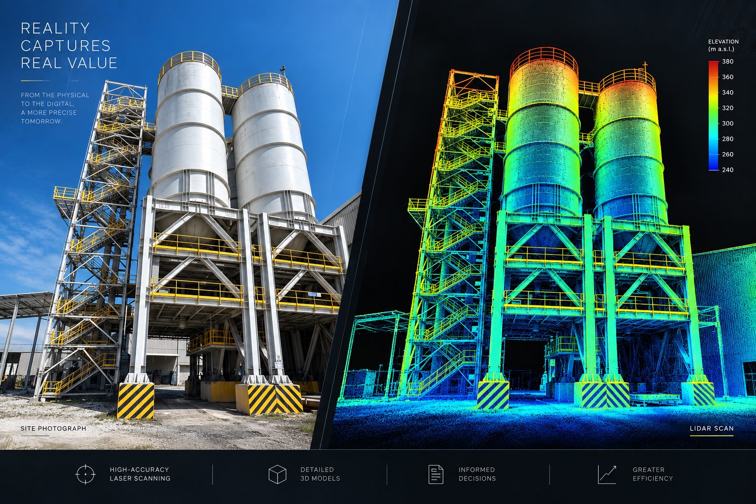 Lámina con la fotografía de unos silos industriales y su nube de puntos coloreada por elevación